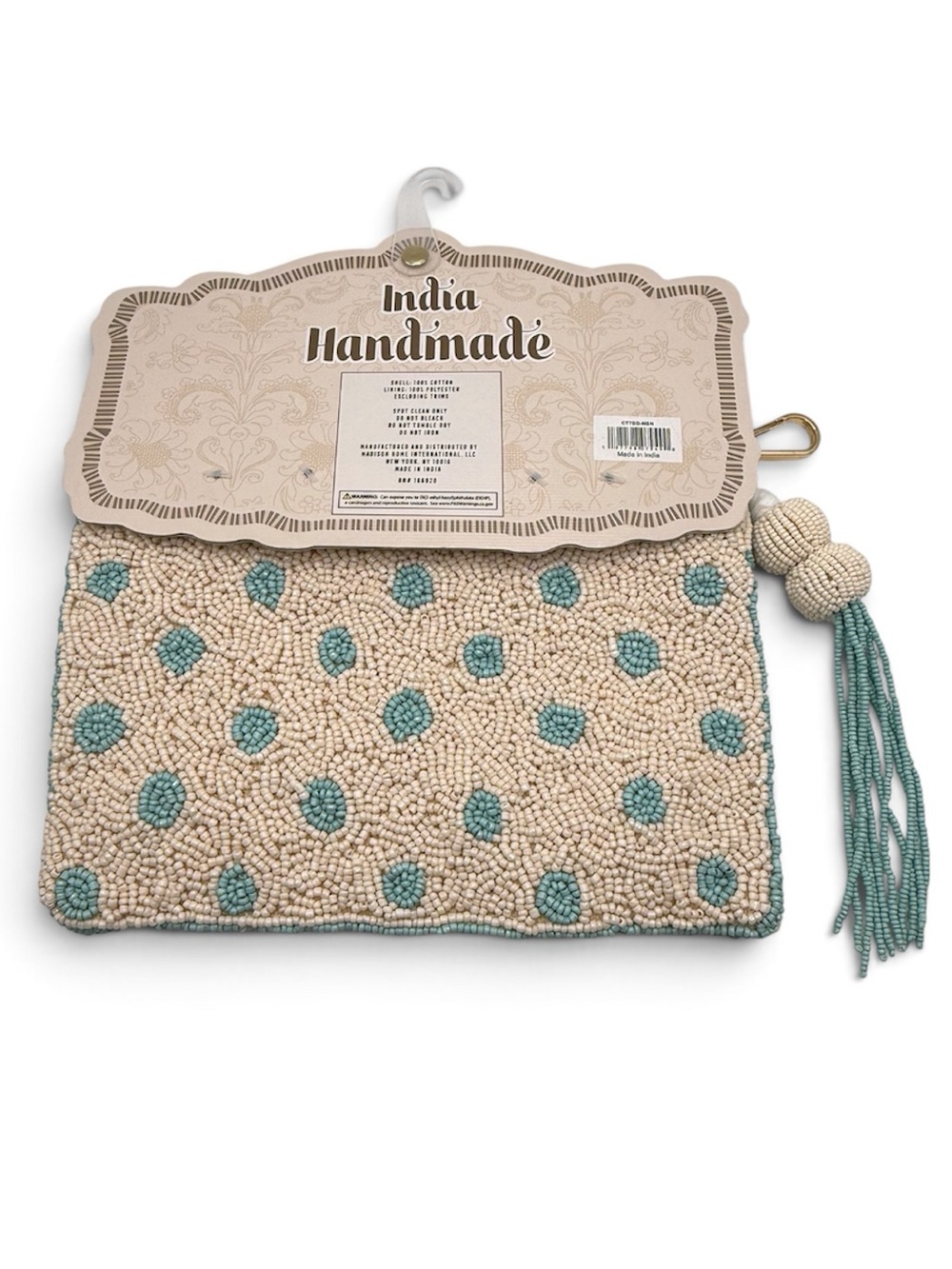 NWT India Handmade Beaded Clutch Cream Aqua Polka Dot Tassel Wristlet - Picture 2 of 2